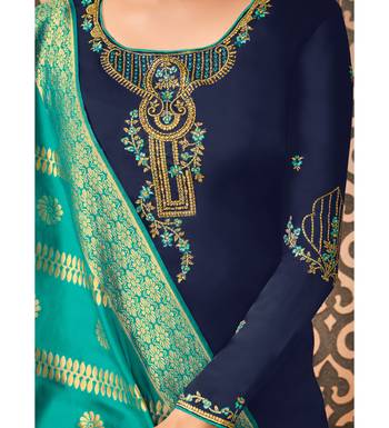 Navy Blue & Teal Satin Georgette Embroidered Dress Material 6