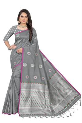 Grey woven banarasi silk saree with blouse 1