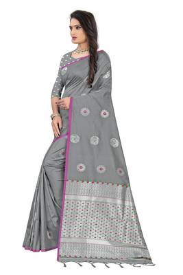 Grey woven banarasi silk saree with blouse 2