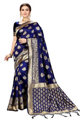 Blue Banarasi Saree Tessal Pallu With Unstitched Blouse Piece 1