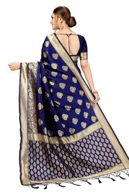 Blue Banarasi Saree Tessal Pallu With Unstitched Blouse Piece 2