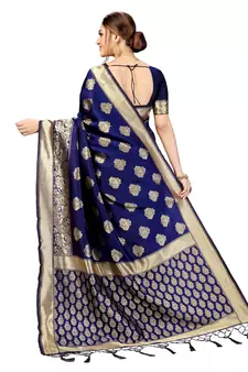 Trendmalls Blue Banarasi Saree Tessal Pallu With Unstitched Blouse Piece