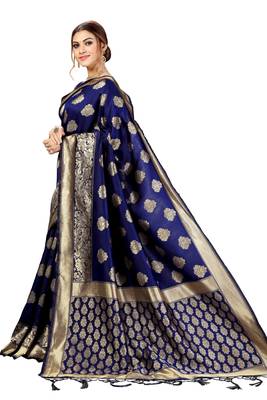 Blue Banarasi Saree Tessal Pallu With Unstitched Blouse Piece 3