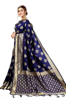 Trendmalls Blue Banarasi Saree Tessal Pallu With Unstitched Blouse Piece
