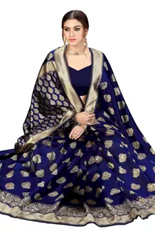 Trendmalls Blue Banarasi Saree Tessal Pallu With Unstitched Blouse Piece