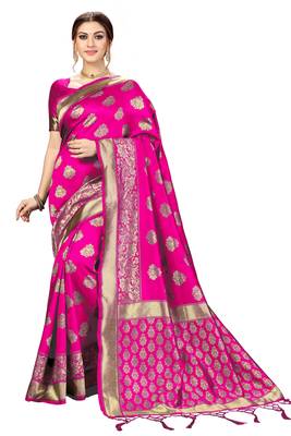 Pink Banarasi Saree Tessal Pallu With Unstitched Blouse Piece 1