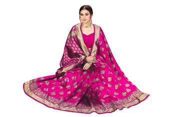 Pink Banarasi Saree Tessal Pallu With Unstitched Blouse Piece 4