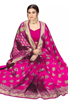 Trendmalls Pink Banarasi Saree Tessal Pallu With Unstitched Blouse Piece