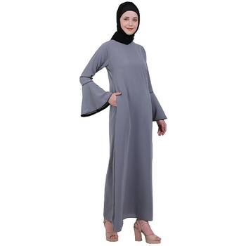 Casual A-line abaya with bell sleeves- Grey 2