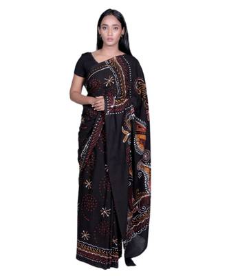 Brown Batik Print Cotton Saree  handloom saree with contrast blouse 1