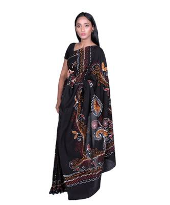 Brown Batik Print Cotton Saree  handloom saree with contrast blouse 2