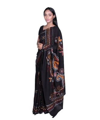 Brown Batik Print Cotton Saree  handloom saree with contrast blouse 3
