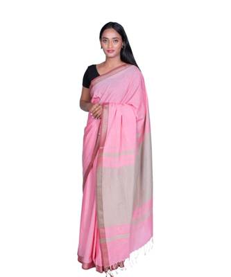 Pink Maheshwari Handloom  Cotton Saree Contract Blouse 1