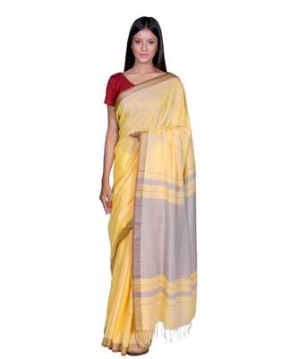 Yellow Maheshwari Handloom  Cotton Saree  Contract Blouse 1