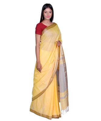 Yellow Maheshwari Handloom  Cotton Saree  Contract Blouse 2