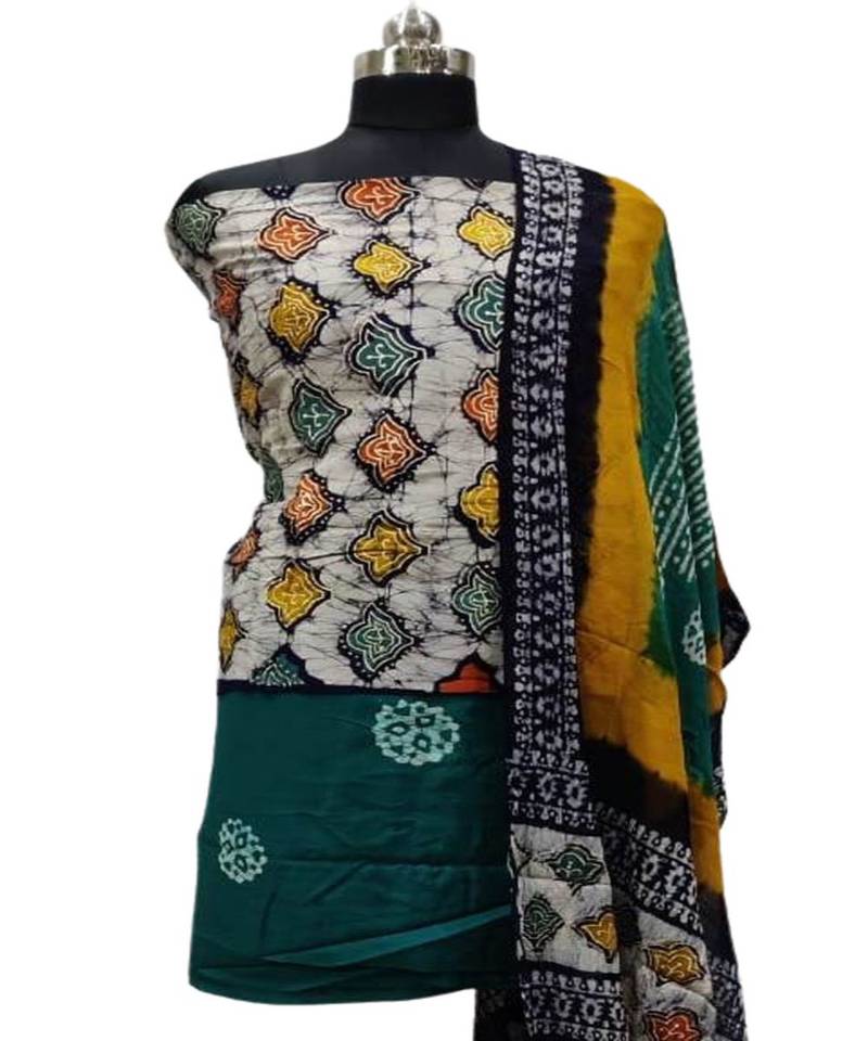 sachin and babi light blue dress White Cotton Batik Printed Dress Material With Chiffon Dupatta - Naarangi