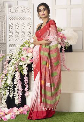 Offwhite Handloom Saree With Red Border Multicolor Motifs 1