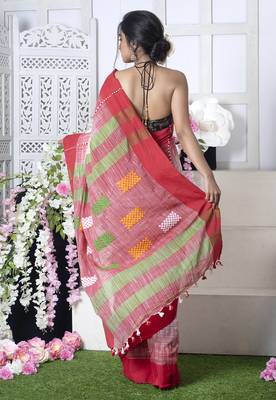 Offwhite Handloom Saree With Red Border Multicolor Motifs 2