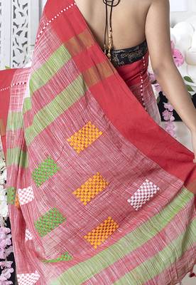 Offwhite Handloom Saree With Red Border Multicolor Motifs 4