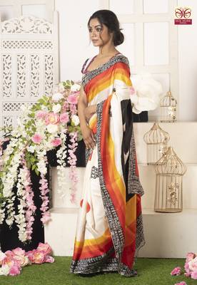 Multicolor Print On Offwhite Pure Silk Saree 1