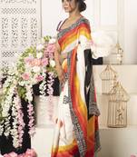 Multicolor Print On Offwhite Pure Silk Saree