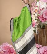Spring Green Pure Silk Saree With White And Black Pallu