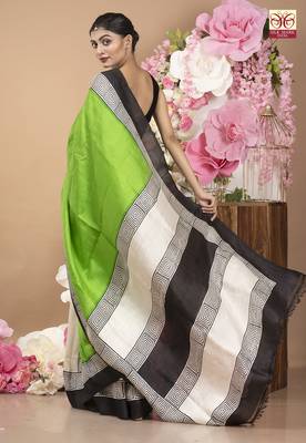 Spring Green Pure Silk Saree With White And Black Pallu 2