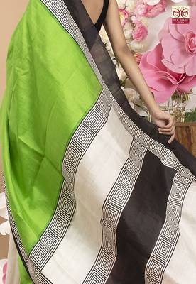 Spring Green Pure Silk Saree With White And Black Pallu 4