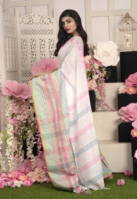 Offwhite Handloom Cotton Saree With Woven Multicolor Border 1