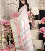 Offwhite Handloom Cotton Saree With Woven Multicolor Border