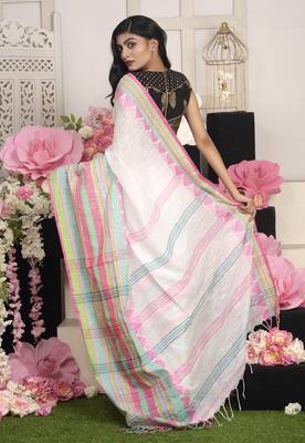 Offwhite Handloom Cotton Saree With Woven Multicolor Border 2