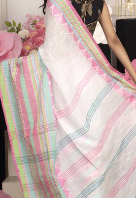 Offwhite Handloom Cotton Saree With Woven Multicolor Border 4