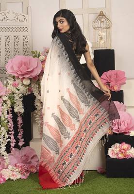 Offwhite Handloom Cotton Saree With Manipuri Pallu And Dual Border 1
