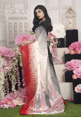 Offwhite Handloom Cotton Saree With Manipuri Pallu And Dual Border 2