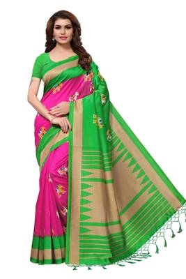 Salwar Studio Women's Pink & Green Art Silk Printed Saree with Blouse Piece 1