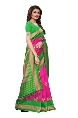 Salwar Studio Women's Pink & Green Art Silk Printed Saree with Blouse Piece 2