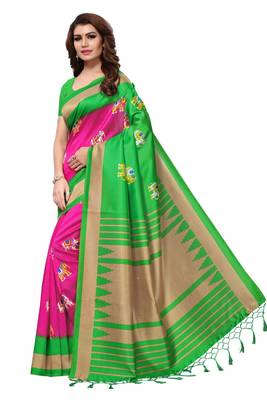 Salwar Studio Women's Pink & Green Art Silk Printed Saree with Blouse Piece 5