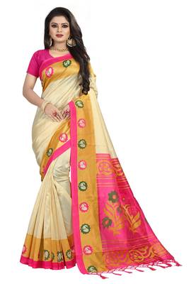 Salwar Studio Women's Cream & Pink Art Silk Printed Saree with Blouse Piece 1