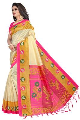 Salwar Studio Women's Cream & Pink Art Silk Printed Saree with Blouse Piece 3