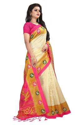 Salwar Studio Women's Cream & Pink Art Silk Printed Saree with Blouse Piece 4