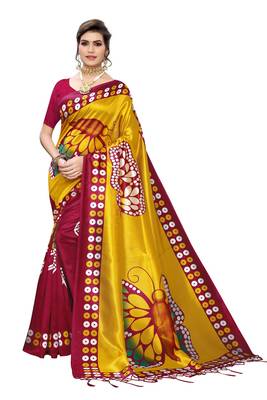 Salwar Studio Women's Maroon & Yellow Art Silk Printed Saree with Blouse Piece 1