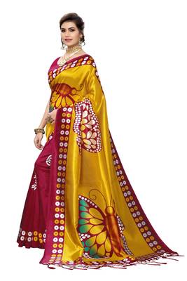 Salwar Studio Women's Maroon & Yellow Art Silk Printed Saree with Blouse Piece 3
