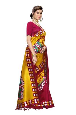 Salwar Studio Women's Maroon & Yellow Art Silk Printed Saree with Blouse Piece 4