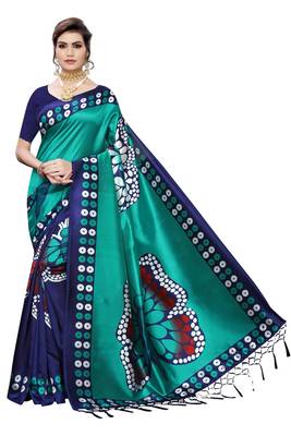 Salwar Studio Women's Turquoise & Blue Art Silk Printed Saree with Blouse Piece 1