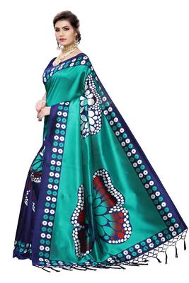 Salwar Studio Women's Turquoise & Blue Art Silk Printed Saree with Blouse Piece 4