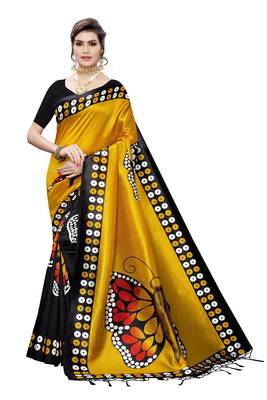 Salwar Studio Women's Mustard & Black Art Silk Printed Saree with Blouse Piece 1