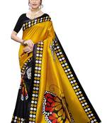 Salwar Studio Women's Mustard & Black Art Silk Printed Saree with Blouse Piece