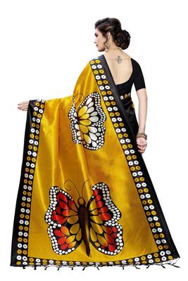 Salwar Studio Women's Mustard & Black Art Silk Printed Saree with Blouse Piece 2