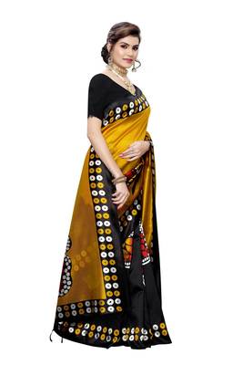 Salwar Studio Women's Mustard & Black Art Silk Printed Saree with Blouse Piece 3