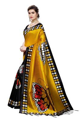 Salwar Studio Women's Mustard & Black Art Silk Printed Saree with Blouse Piece 4